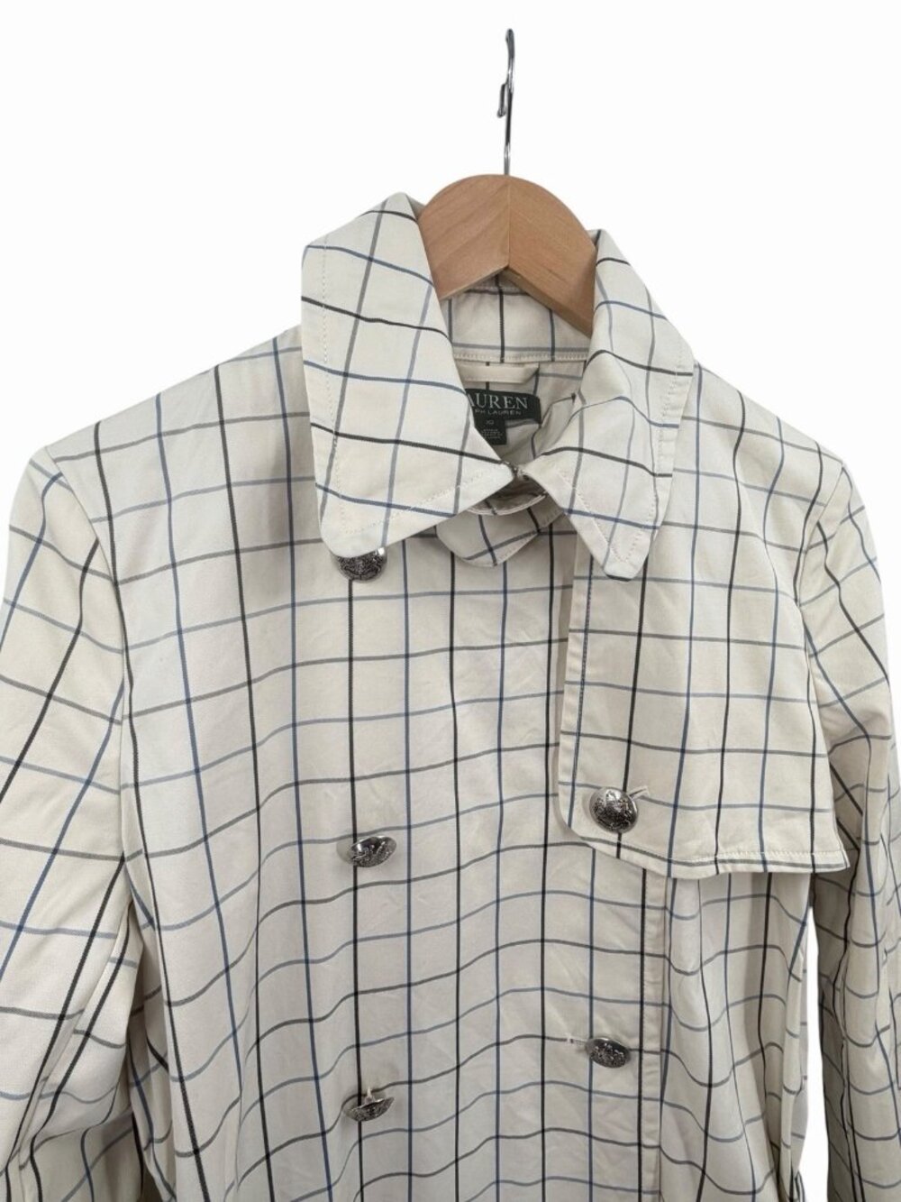 LAUREN RALPH LAUREN Women's Ivory Blue Plaid Double Breasted Belted Trench Coat - Picture 2 of 7
